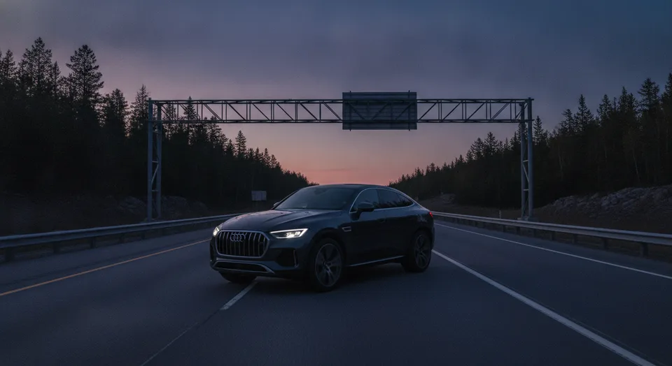 Black Audi Q7 waiting in an Oshawa driveway before dawn for a run down the 401 to Pearson Terminal 1